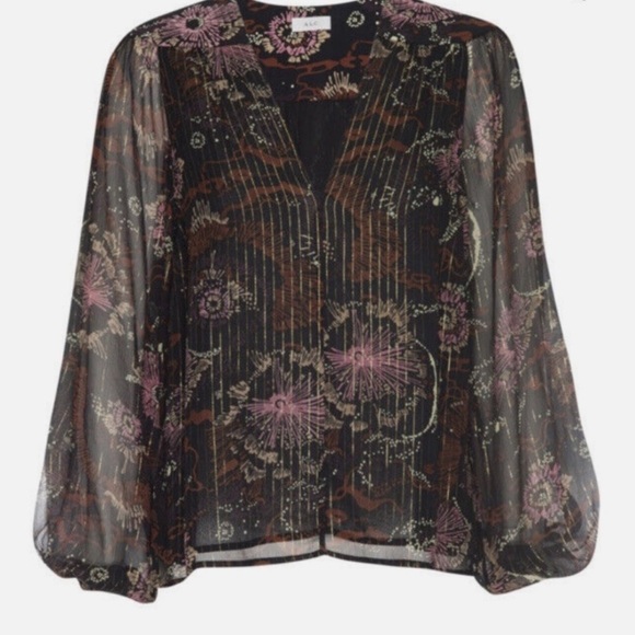 A.L.C. Silk Mac Tunic Top Brown Sheer Floral Print Balloon Sleeve Size 8 - Picture 10 of 15